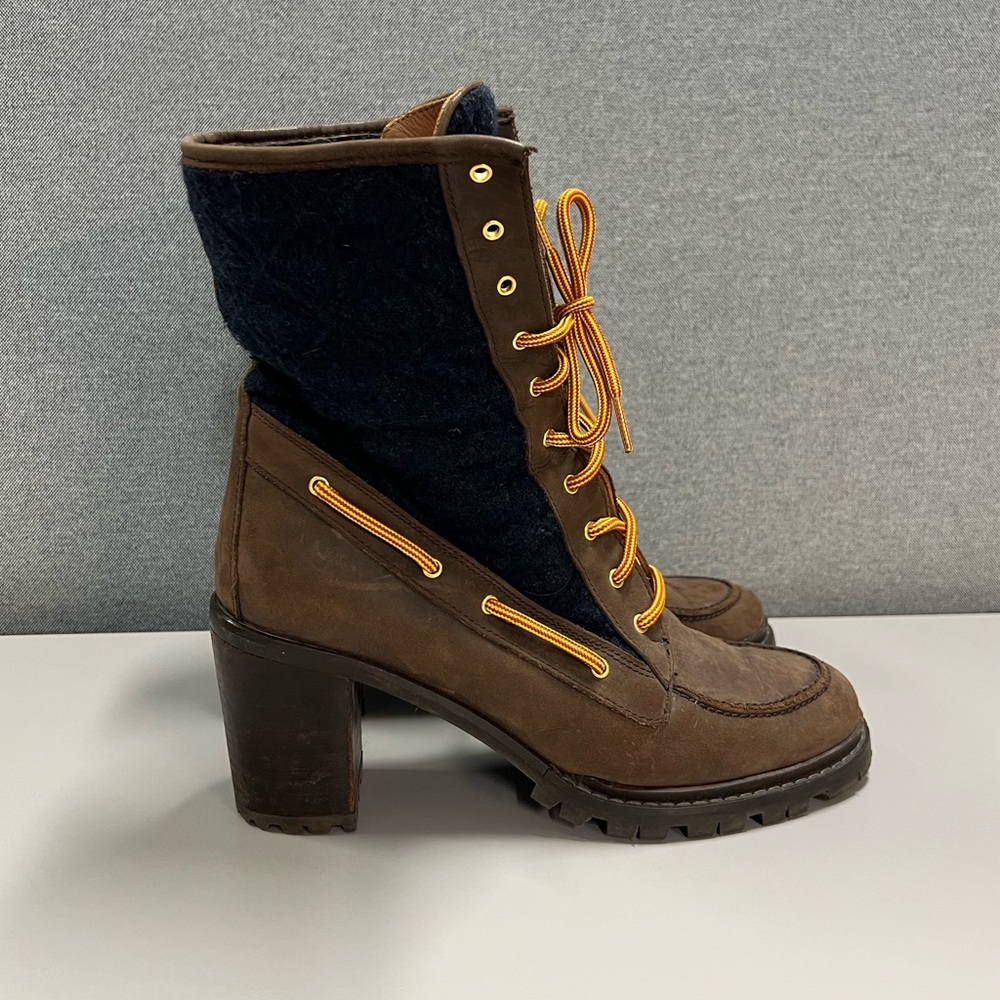 Hunter Henson Boots Navy Quilted Brown Oiled Leather Heeled Size 38 - Picture 2 of 14